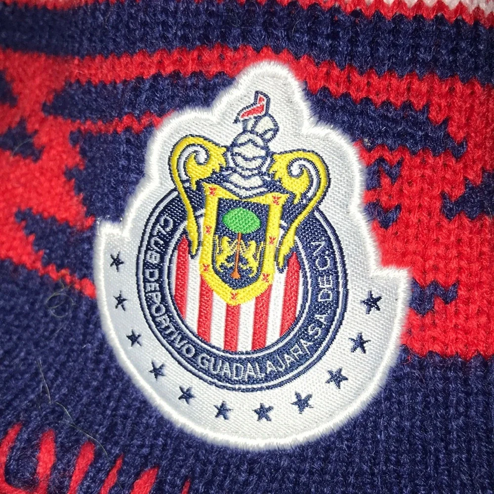 Chivas Kids Red Navy Knit Pom Pom Earflap Hat Team Crest Patch Guadalajara